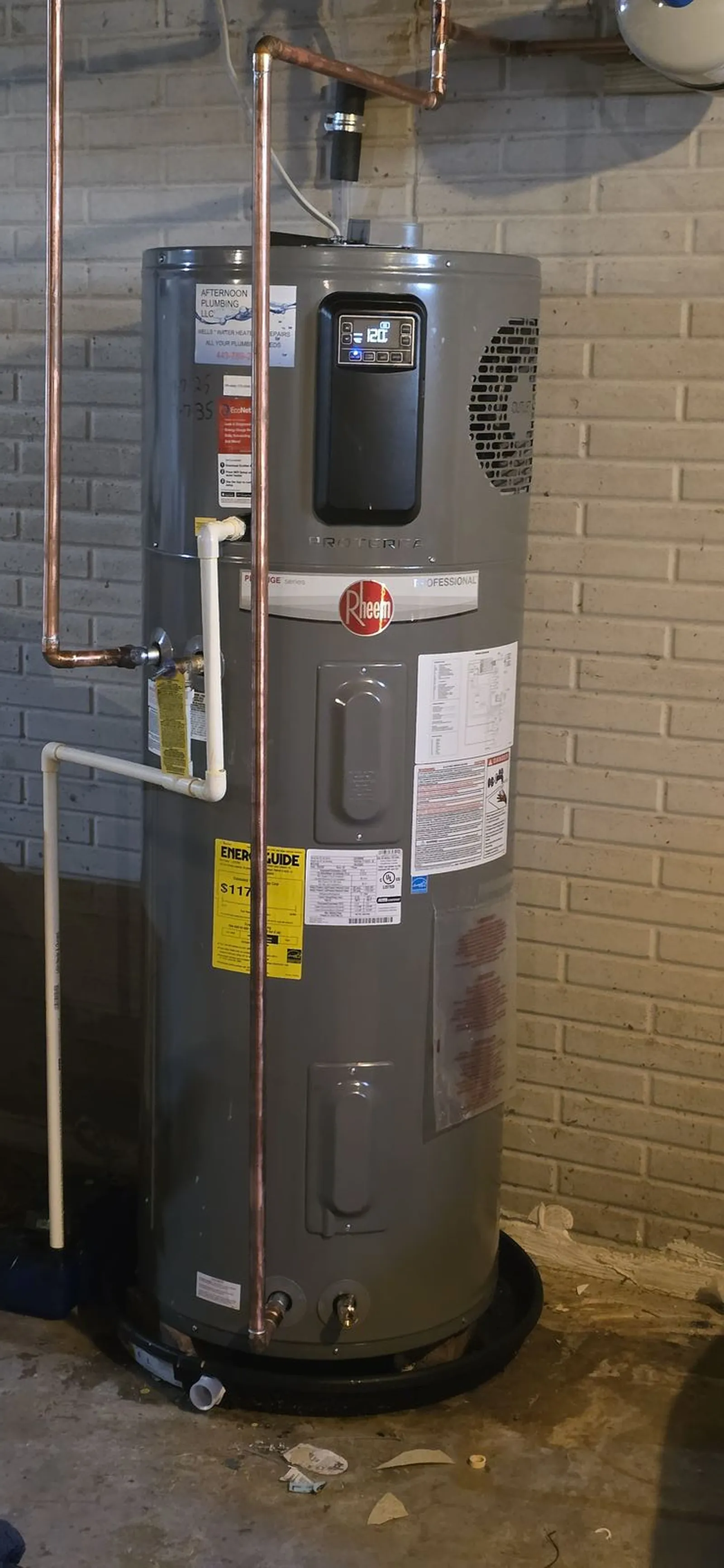 Rheem heat pump water heater installed and plumbed into a condensate pump in Westminster, MD